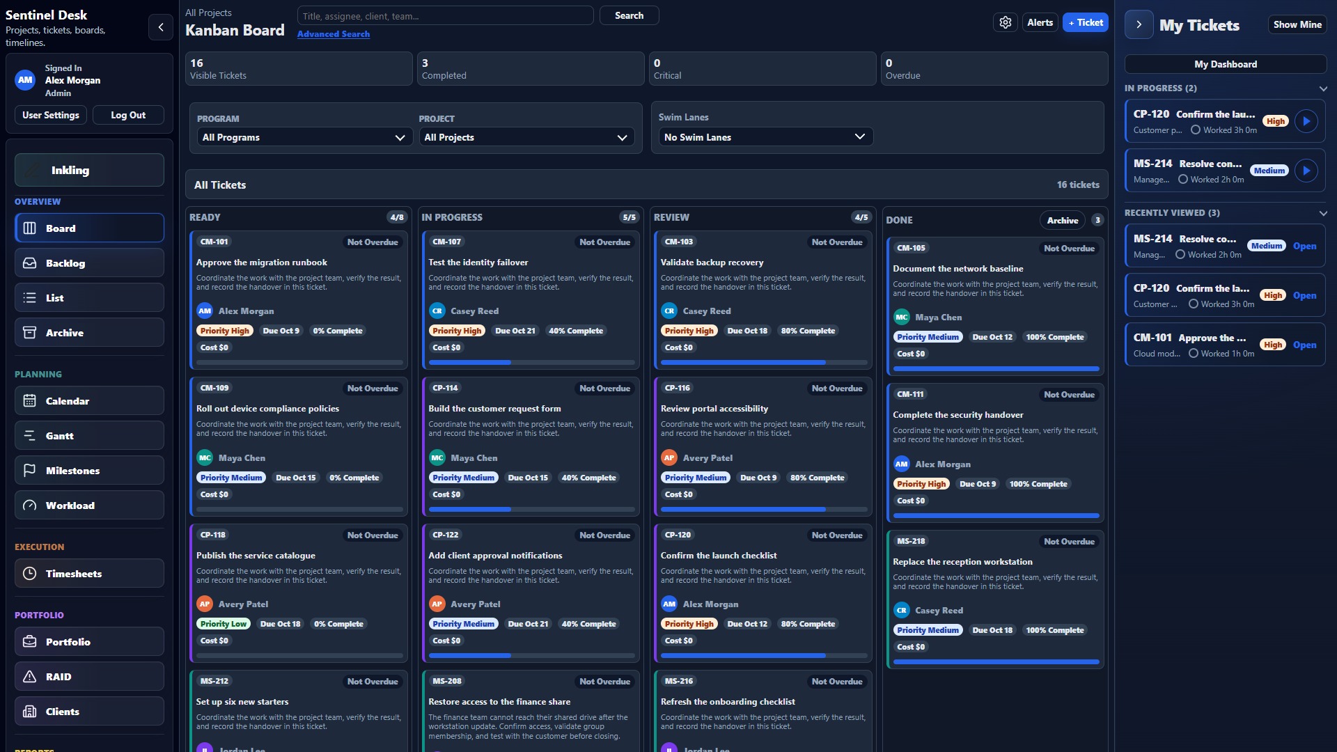 Sentinel Desk fictional Kanban board between the navigation and My Tickets sidebars
