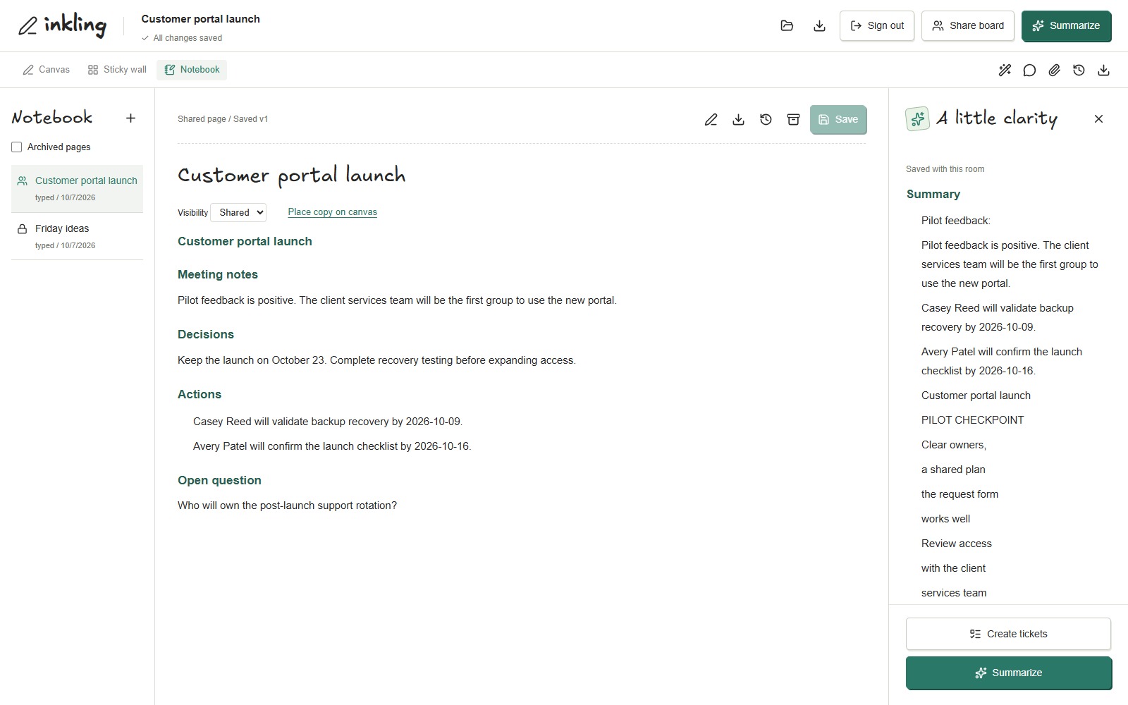 Illustrative Inkling notes and a reviewed action list using fictional meeting notes