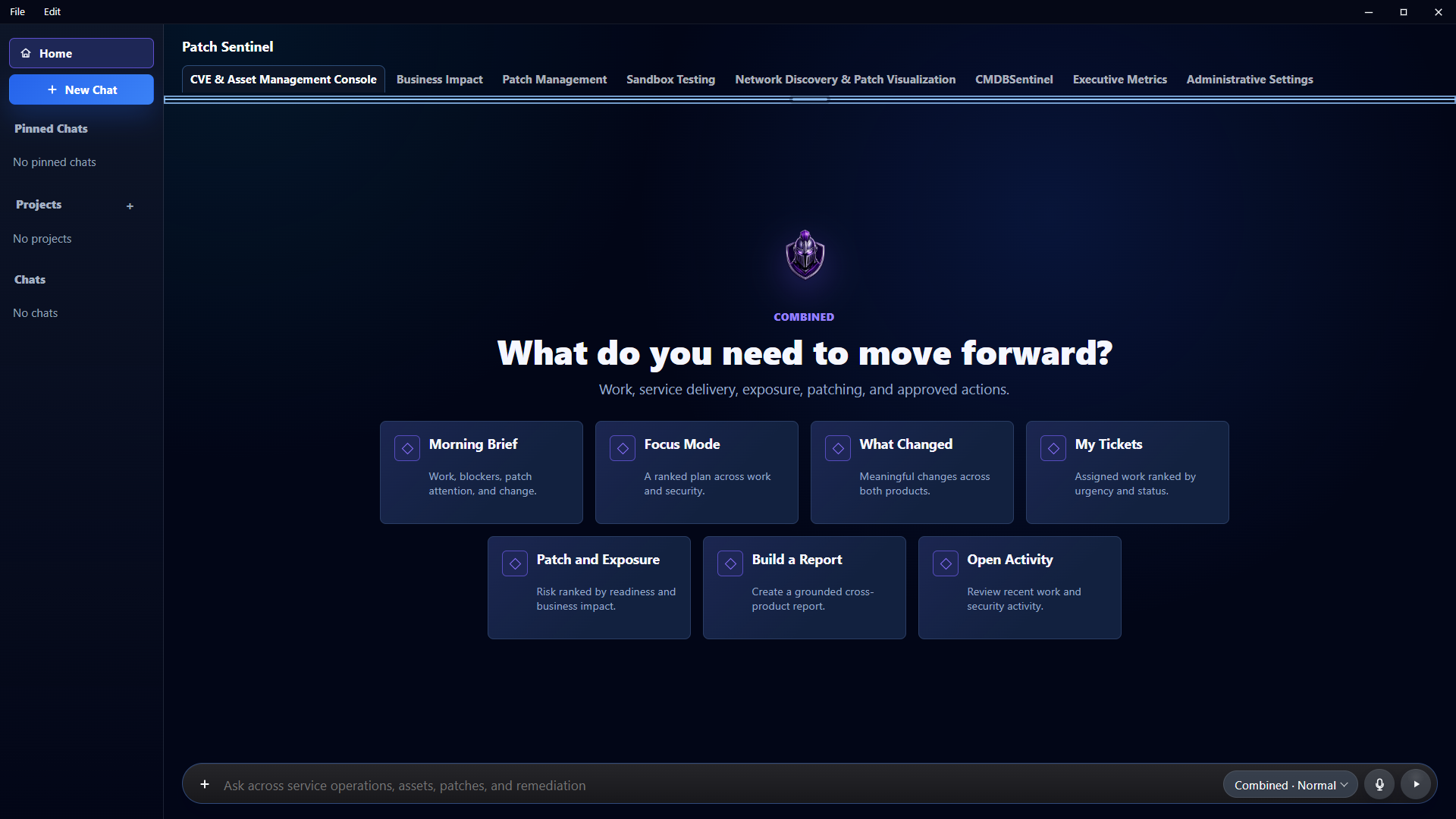 Actual Sentinel Assistant Combined workspace with morning brief, focus mode, changed work, tickets, patch exposure, reporting, and activity actions